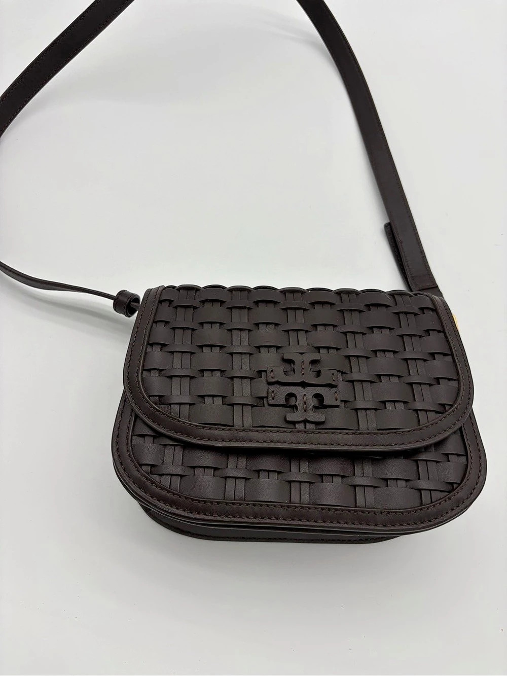 Tory Burch Thea Woven Leather Flap Crossbody Bag Brown